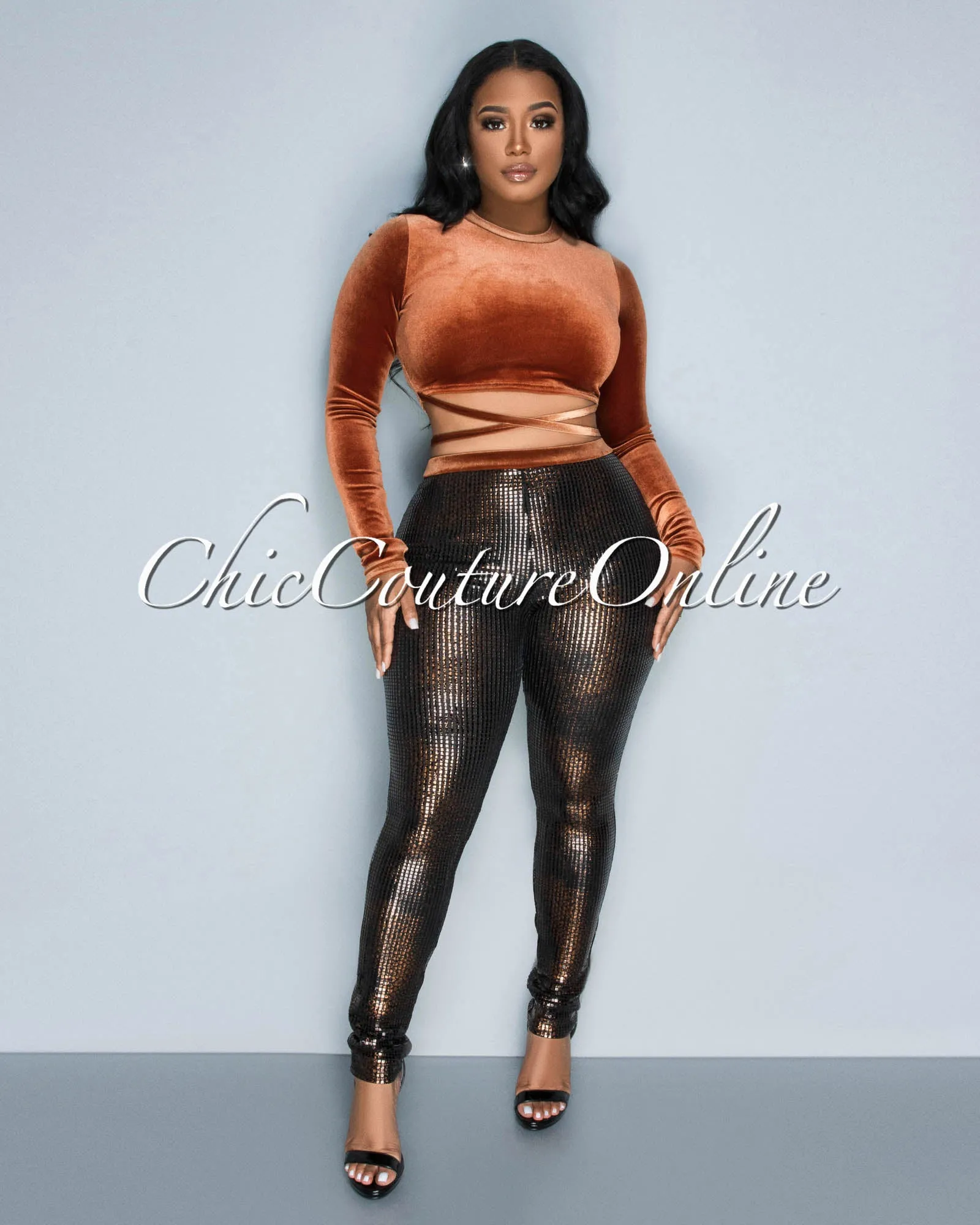 Barnet Brown Velvet Crop Top & Sequins Leggings Set sold by Chic Couture product image thumbnail 2