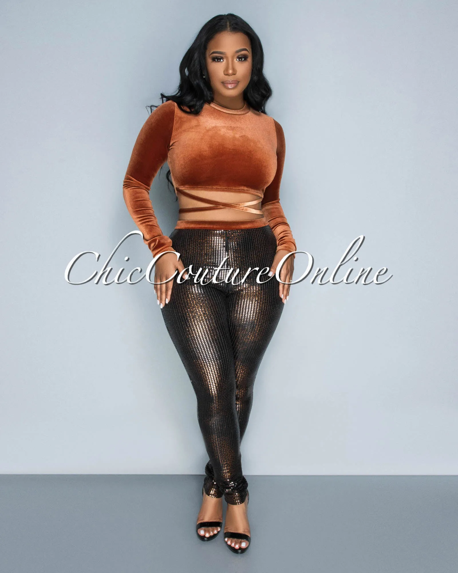Barnet Brown Velvet Crop Top & Sequins Leggings Set sold by Chic Couture product image thumbnail 3