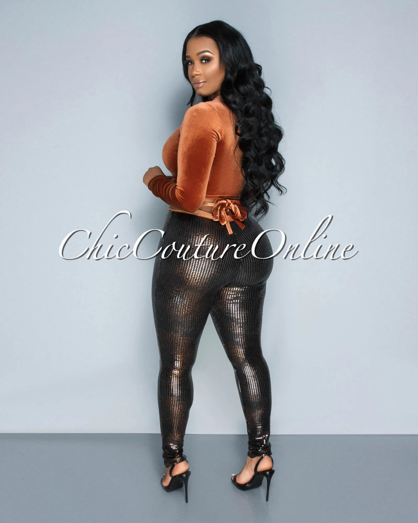Barnet Brown Velvet Crop Top & Sequins Leggings Set sold by Chic Couture product image thumbnail 4