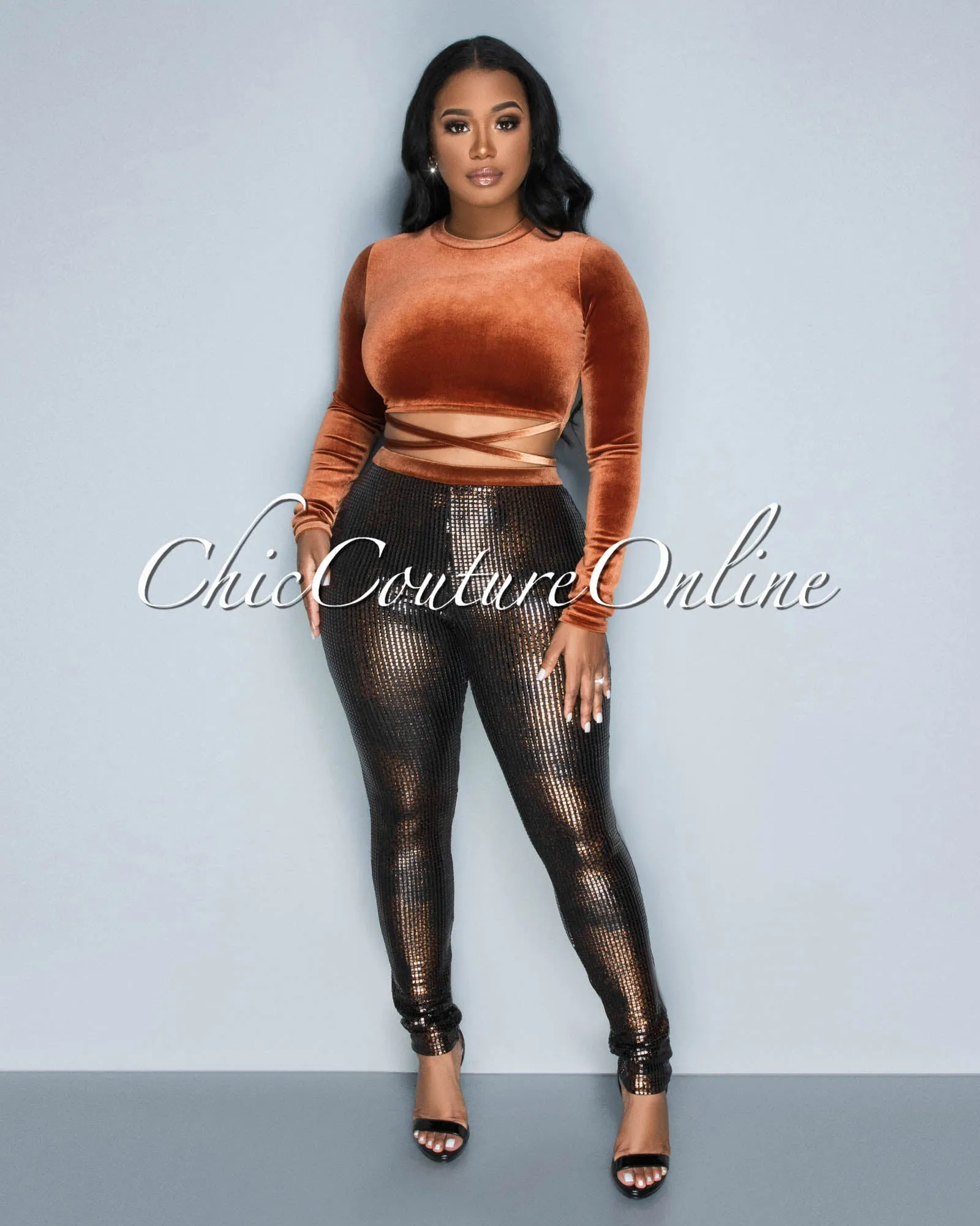 Barnet Brown Velvet Crop Top & Sequins Leggings Set sold by Chic Couture