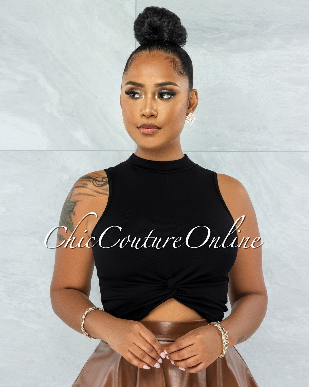 Sean Black High Neck Front Knot Crop Top sold by Chic Couture