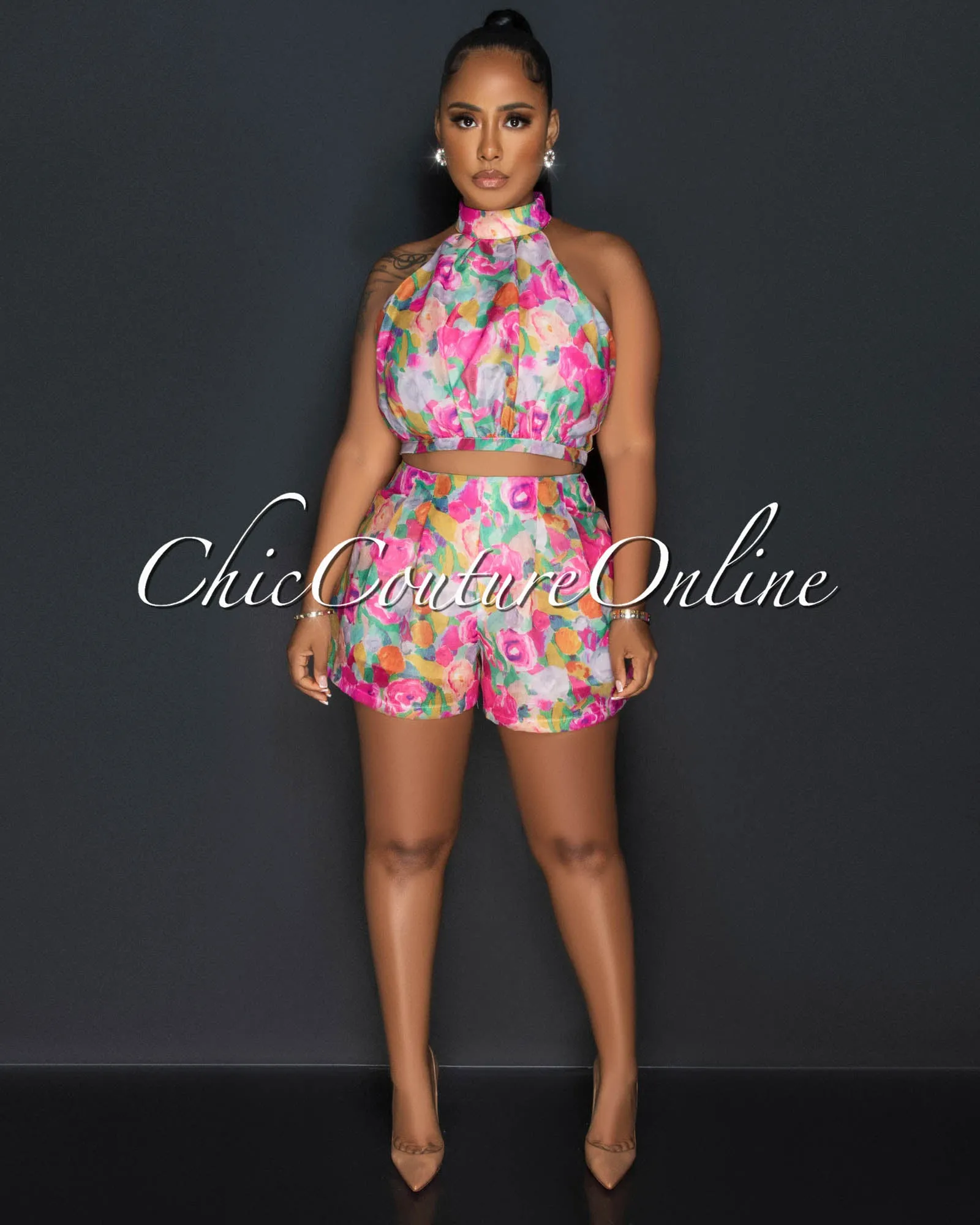 Lea Pink Multi Floral Print Crop Top & Flared Shorts Set sold by Chic Couture product image thumbnail 2