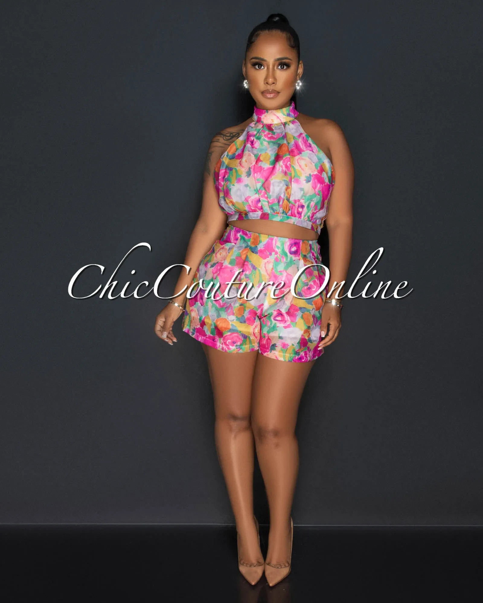 Lea Pink Multi Floral Print Crop Top & Flared Shorts Set sold by Chic Couture
