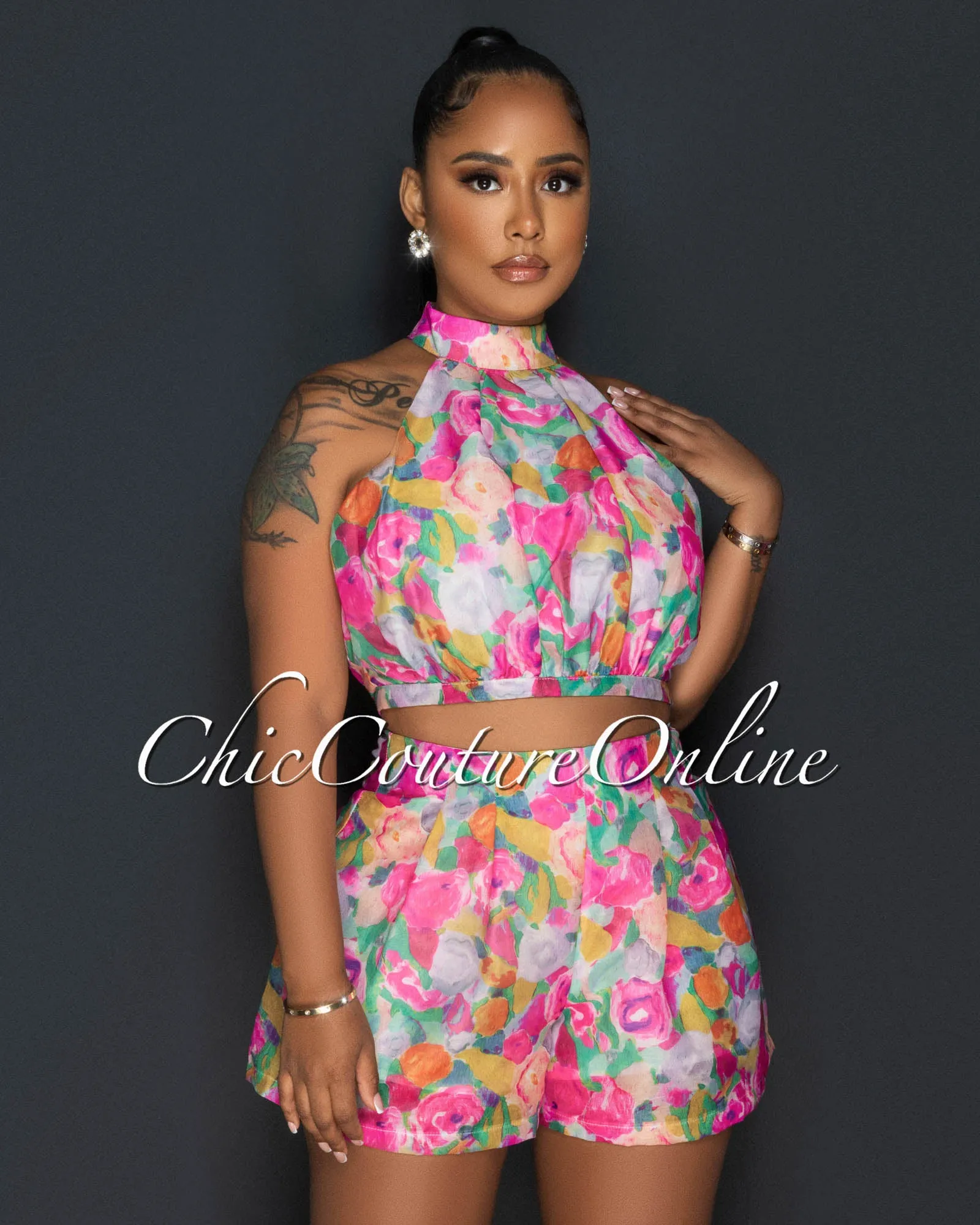 Lea Pink Multi Floral Print Crop Top & Flared Shorts Set sold by Chic Couture product image thumbnail 3