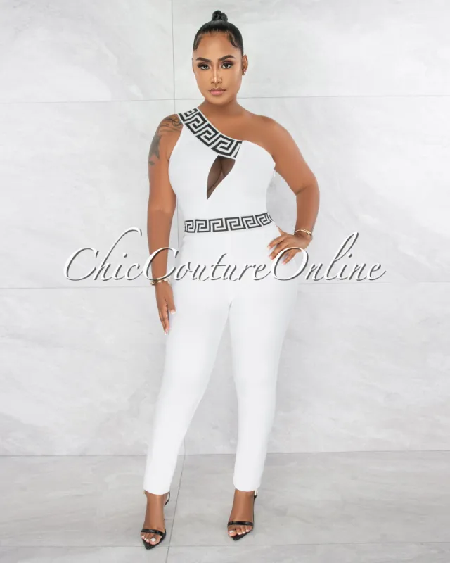 *Linnea Off-White Black Fret Trim Single Shoulder Bandage Jumpsuit sold by Chic Couture
