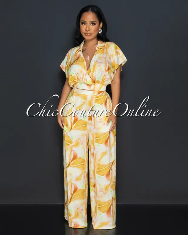 Dorothy Mustard Print Crop Blouse & Wide Pants Set sold by Chic Couture