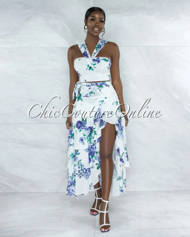 Casera White Blue Floral Print Top & Maxi Skirt Set sold by Chic Couture