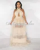 *Pleasant Nude Halter Tulle Ruffle Maxi Dress sold by Chic Couture
