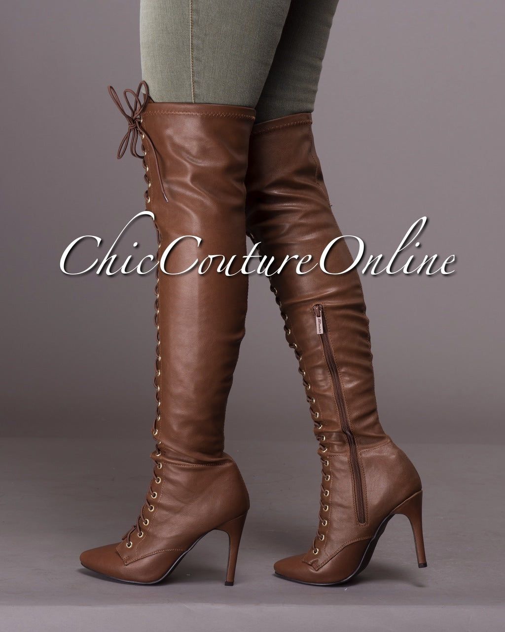 Forward Edge Tan Knee High Lace-up Boots sold by Chic Couture product image thumbnail 3
