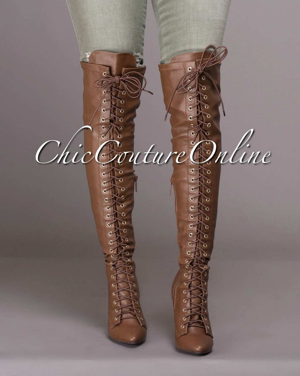 Forward Edge Tan Knee High Lace-up Boots sold by Chic Couture