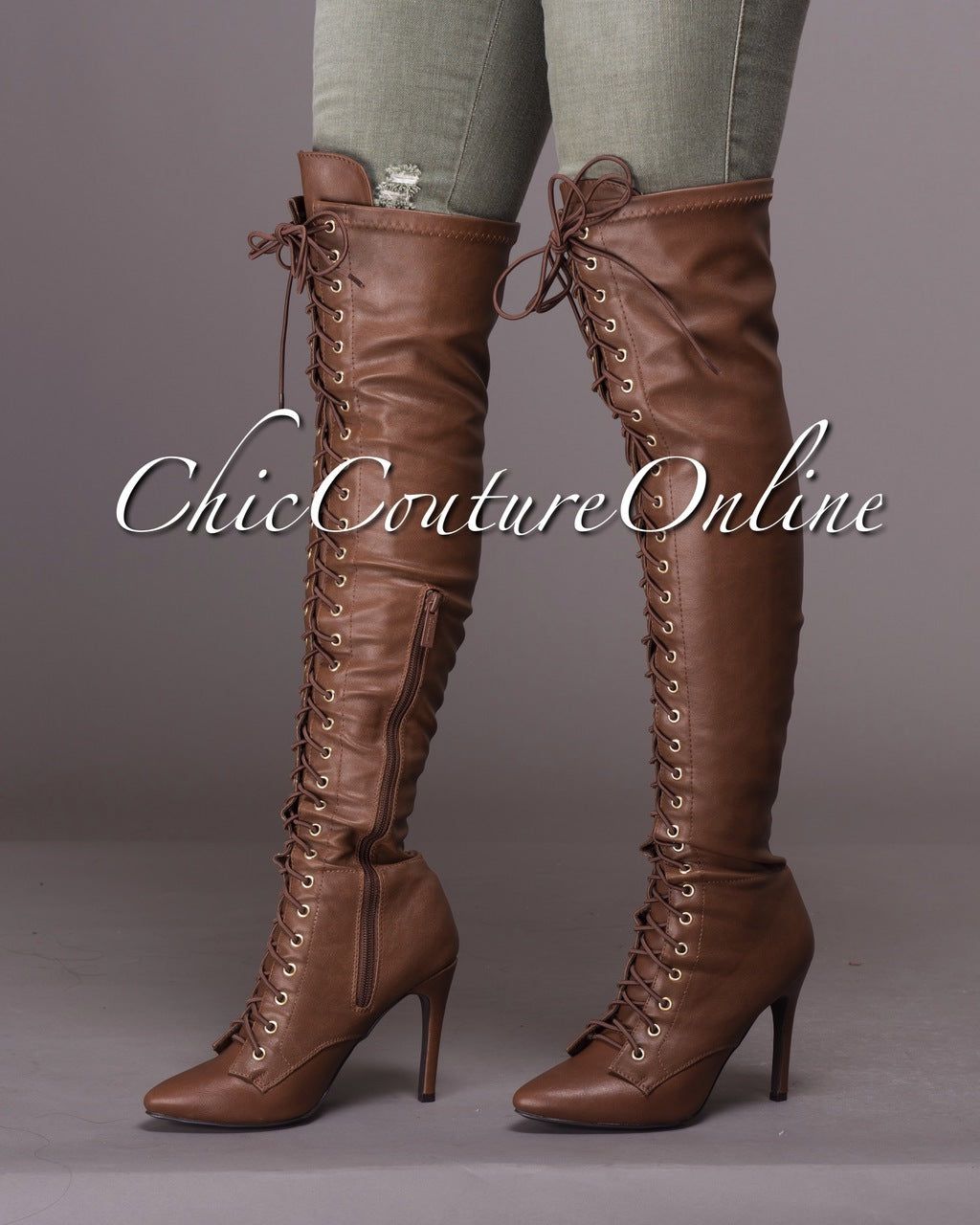 Forward Edge Tan Knee High Lace-up Boots sold by Chic Couture product image thumbnail 2