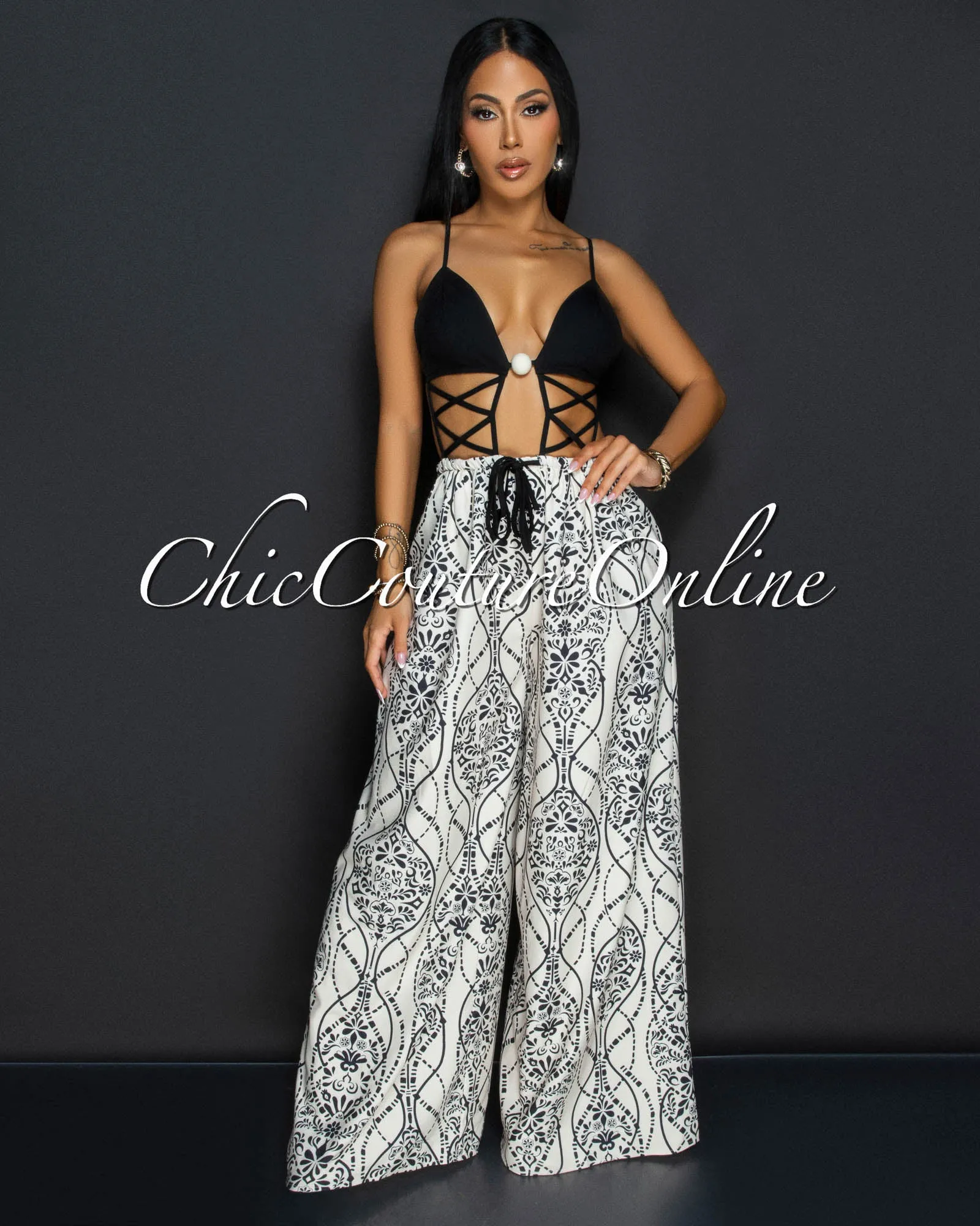 *Ily Black Beige Cut Out Top Wide legs Jumpsuit Set sold by Chic Couture