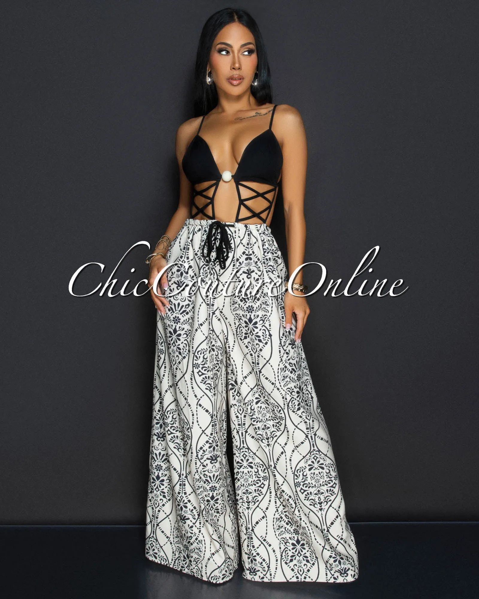 *Ily Black Beige Cut Out Top Wide legs Jumpsuit Set sold by Chic Couture product image thumbnail 2