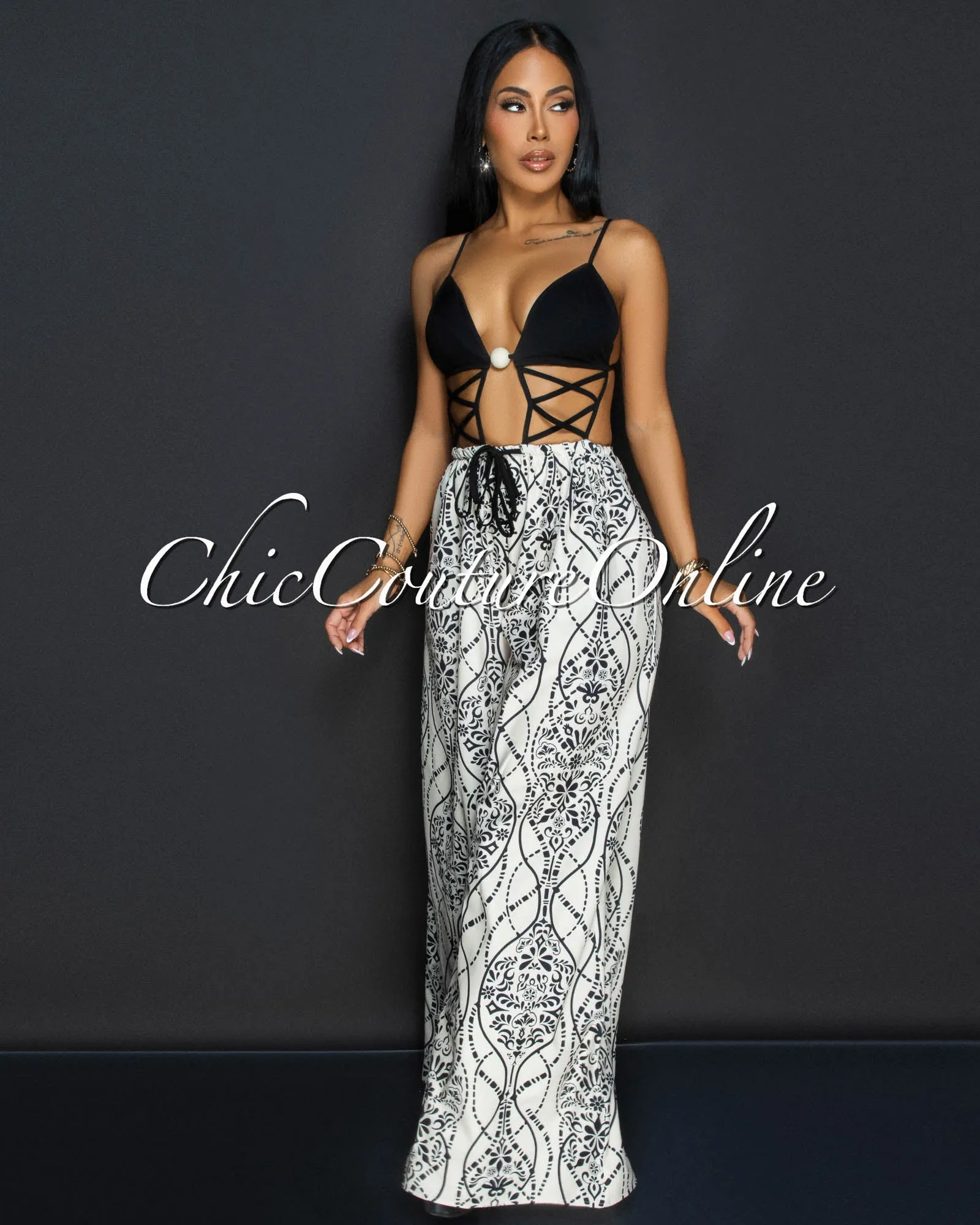 *Ily Black Beige Cut Out Top Wide legs Jumpsuit Set sold by Chic Couture product image thumbnail 3