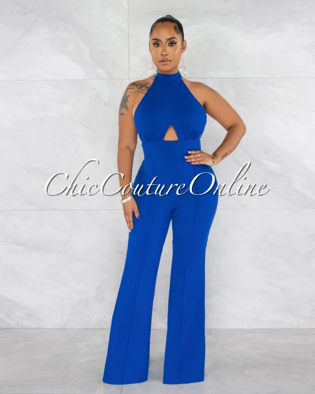 *Harpo Royal Blue Halter Front Key-Hole Jumpsuit sold by Chic Couture