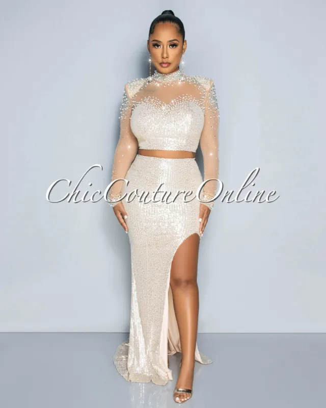 *Bandia Nude Rhinestones & Pearls Mesh Crop Top & Maxi Skirt Set sold by Chic Couture