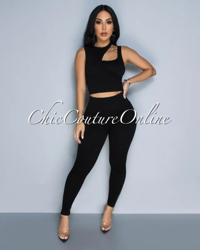 Vina Black Key-Hole Ribbed Sculption Top & Leggings Set sold by Chic Couture