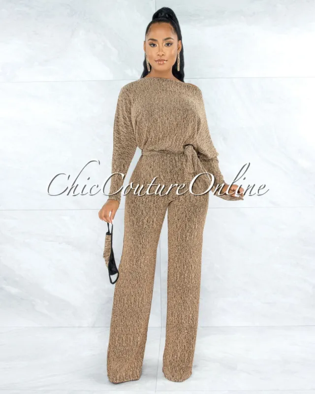 Bakura Gold Shimmer Texture Self-Tie Belt Jumpsuit (No Mask) sold by chic