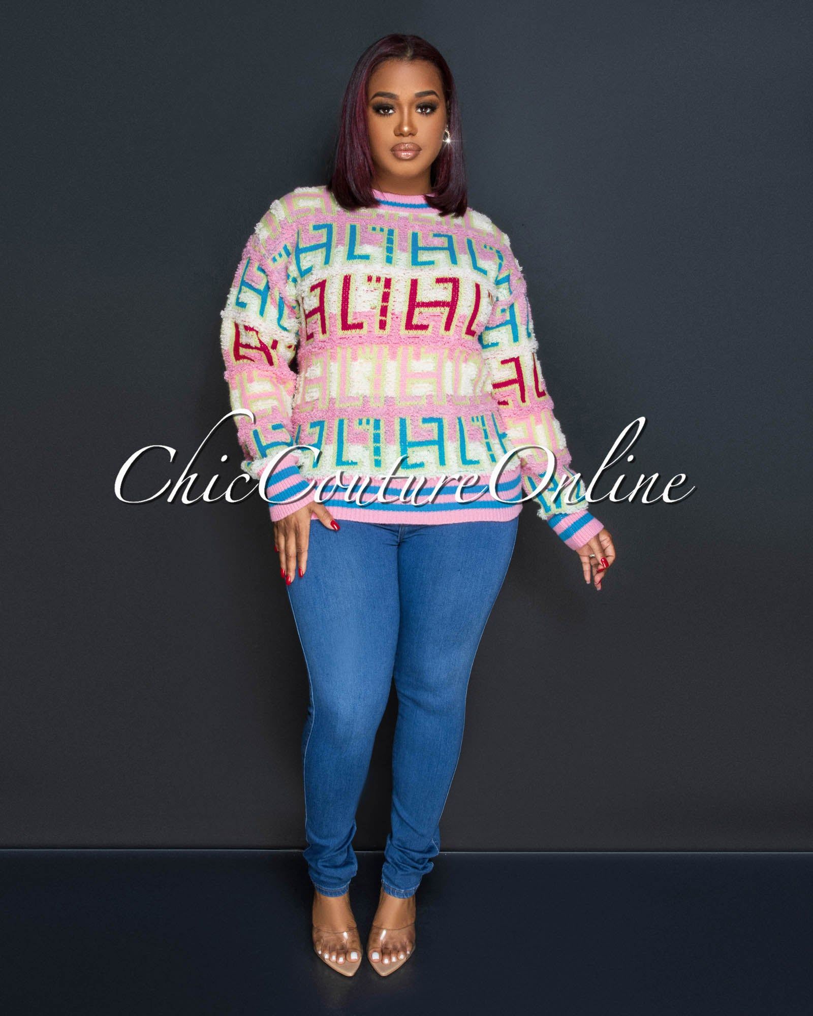 Amari Pink Multi-Color Print Knit Sweater sold by Chic Couture