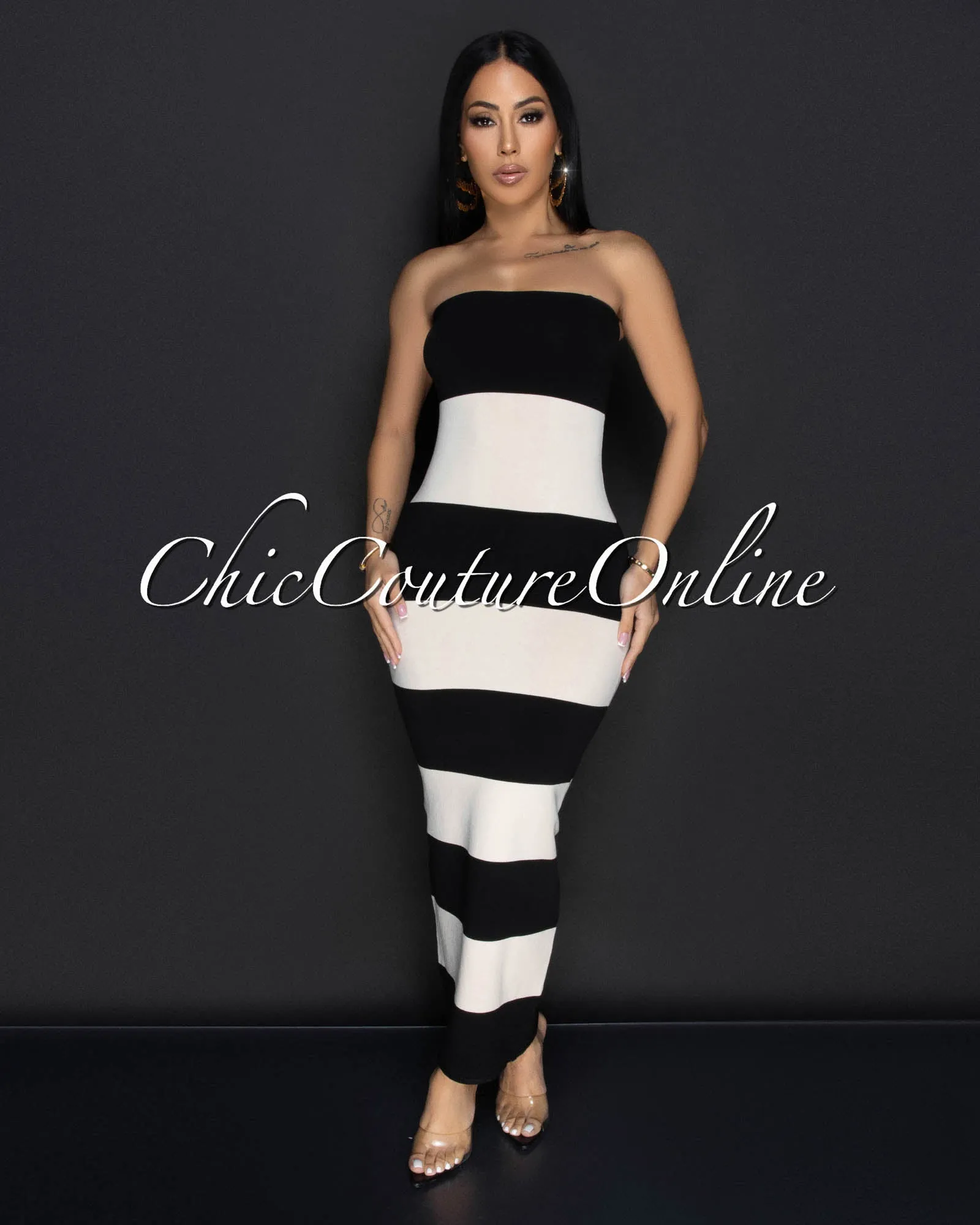 Toshi Black Beige Striped Tube Maxi Dress sold by Chic Couture product image thumbnail 2