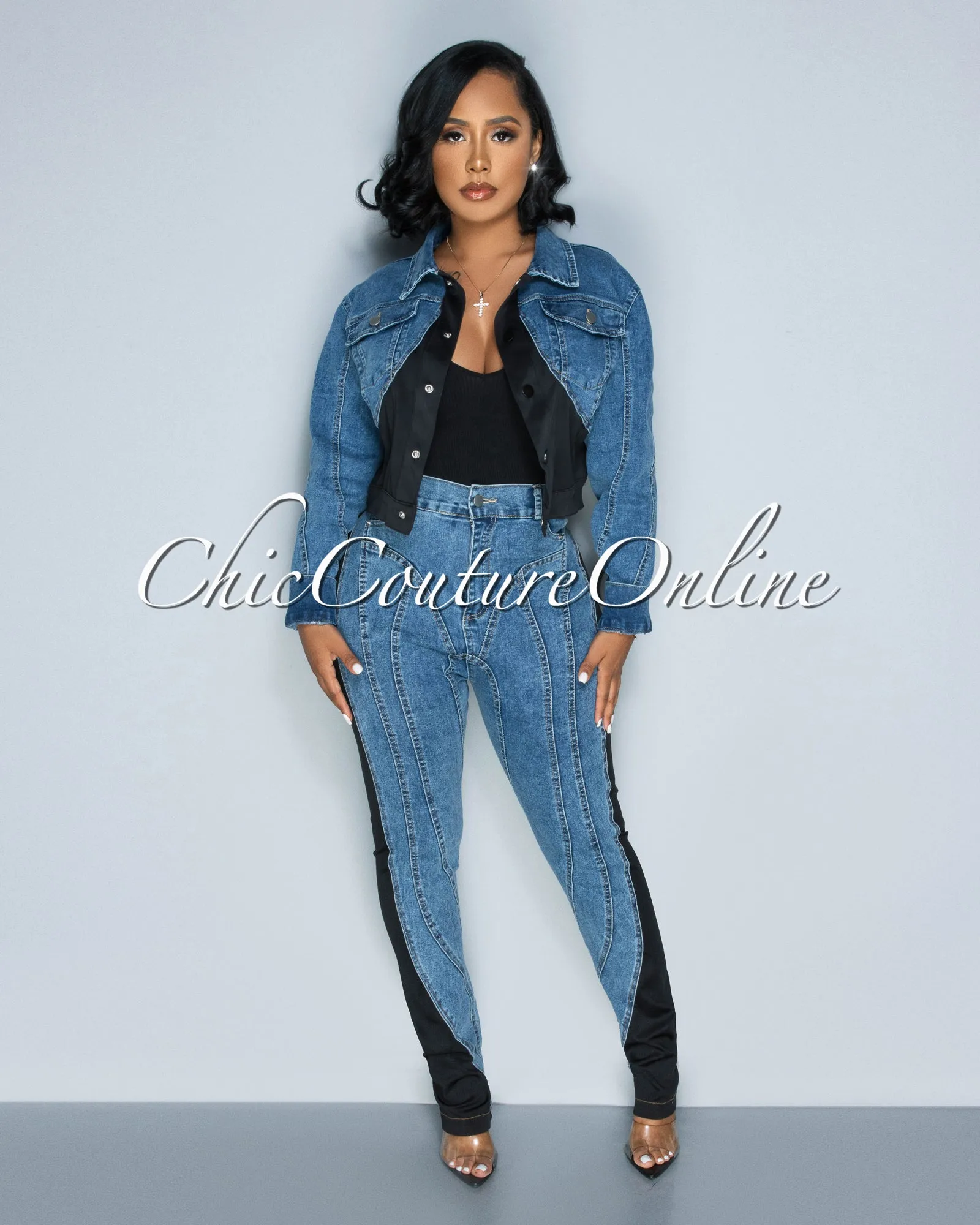 Philly Medium Denim Black Jacket & Jeans Set sold by Chic Couture