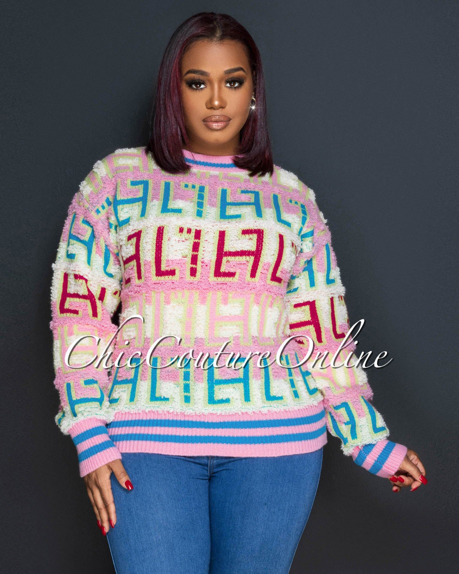 Amari Pink Multi-Color Print Knit Sweater sold by Chic Couture product image thumbnail 2