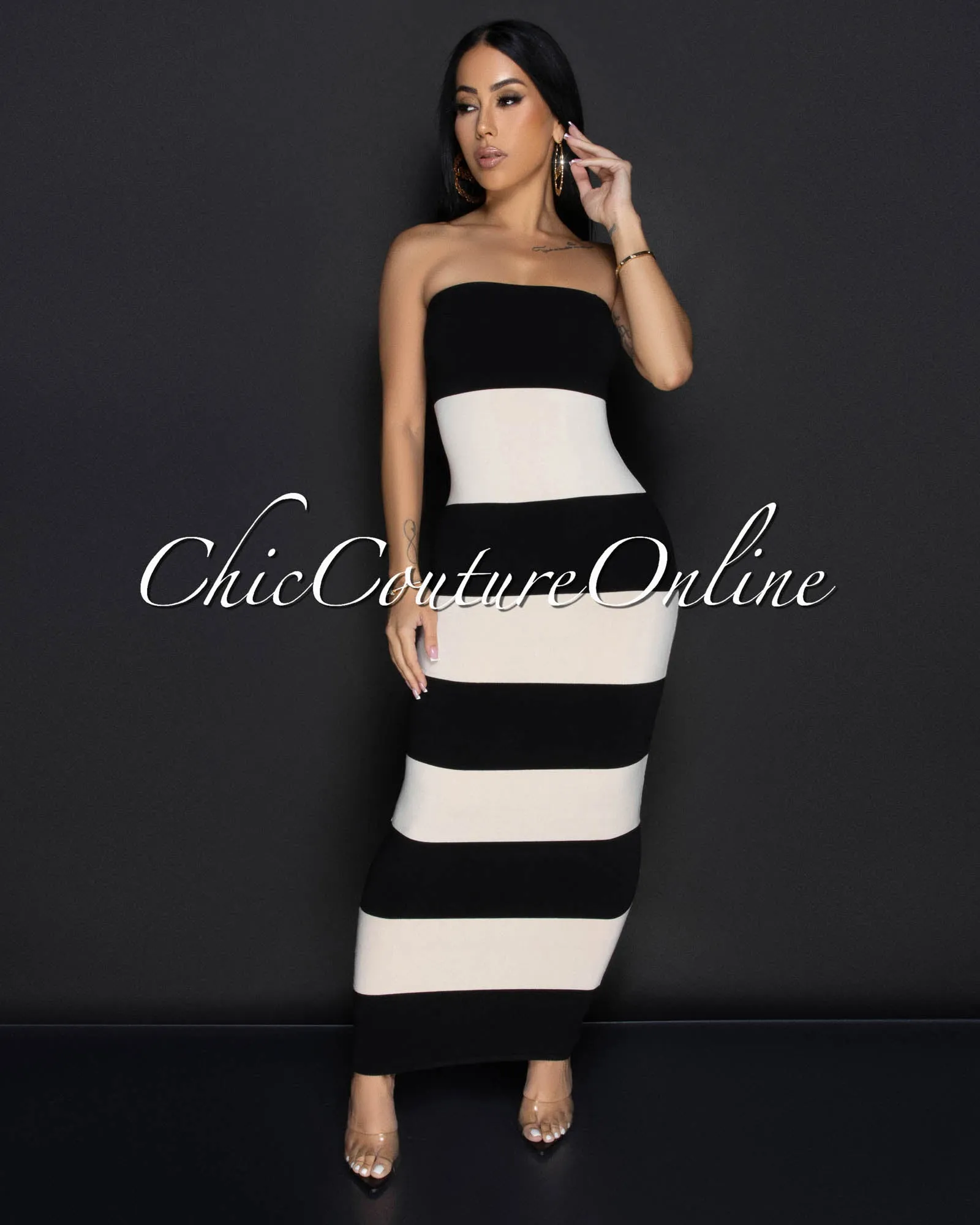 Toshi Black Beige Striped Tube Maxi Dress sold by Chic Couture
