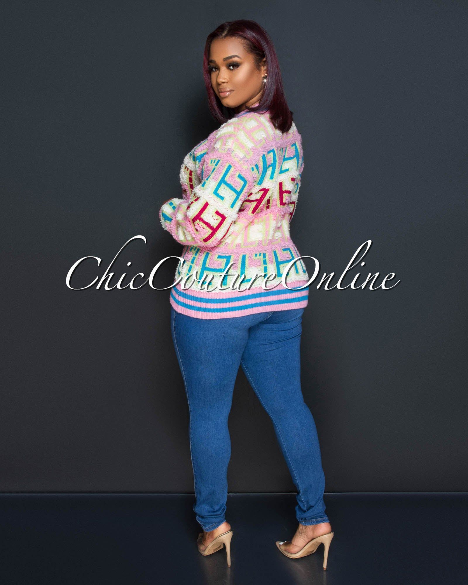 Amari Pink Multi-Color Print Knit Sweater sold by Chic Couture product image thumbnail 3