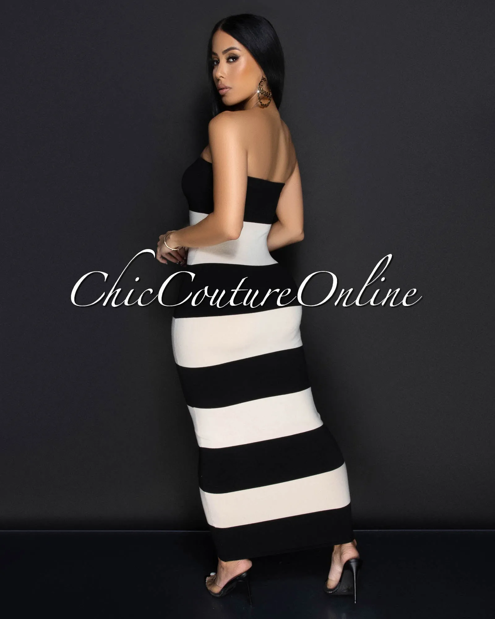 Toshi Black Beige Striped Tube Maxi Dress sold by Chic Couture product image thumbnail 3