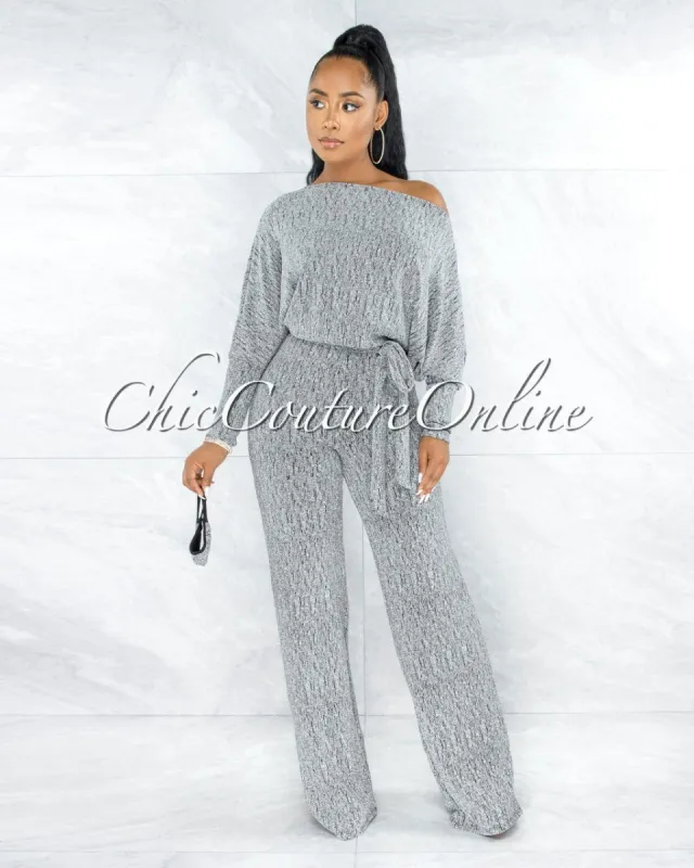 Bakura Silver Shimmer Texture Self-Tie Belt Jumpsuit (No Mask) sold by chic