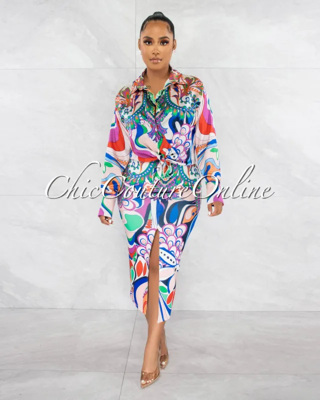 *Carmelia Multi-Color Print Silky Blouse & Midi Skirt Set sold by Chic Couture
