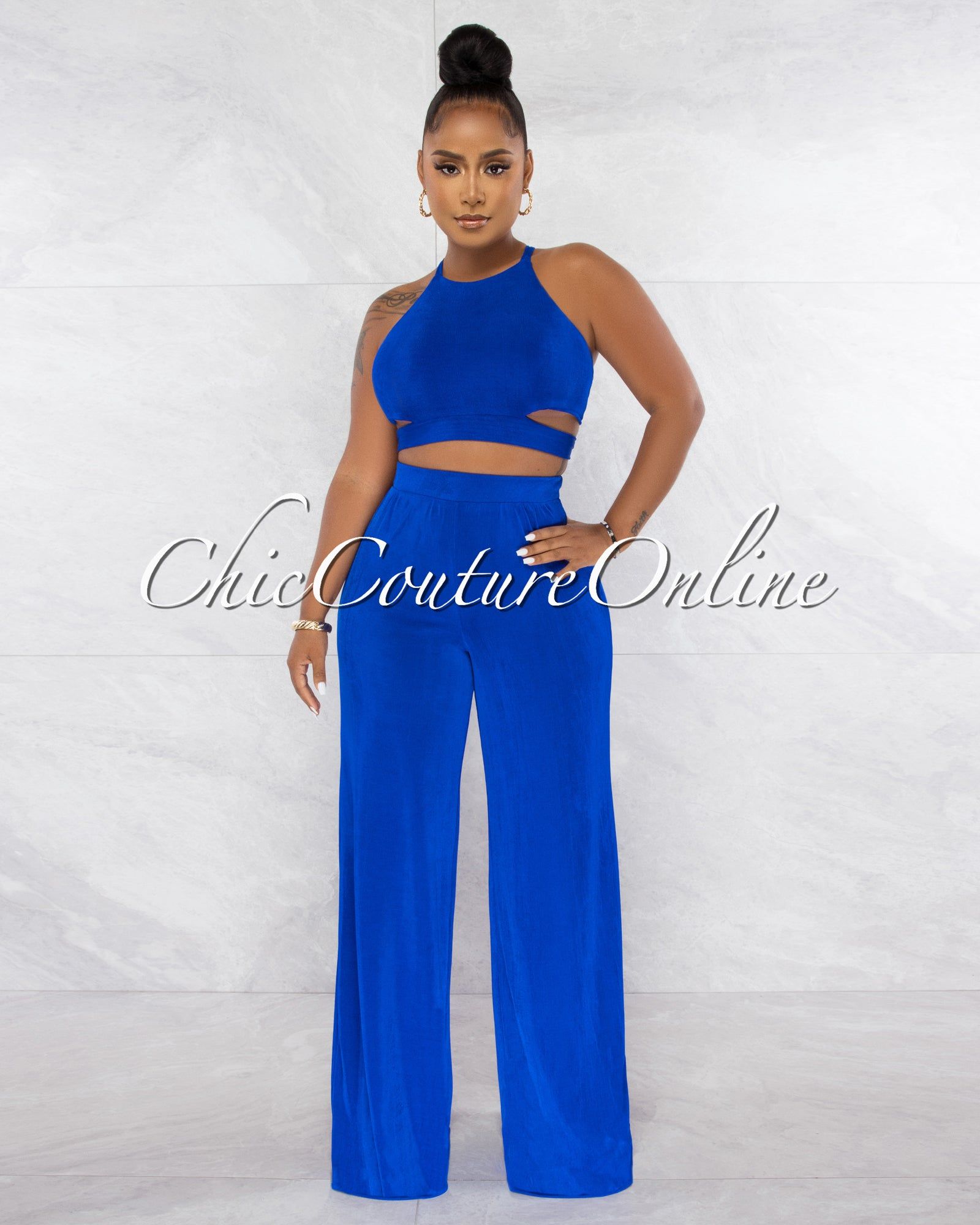 Ramona Royal Blue Multi-Way Tie Crop Top & Wide Pants Set sold by chic
