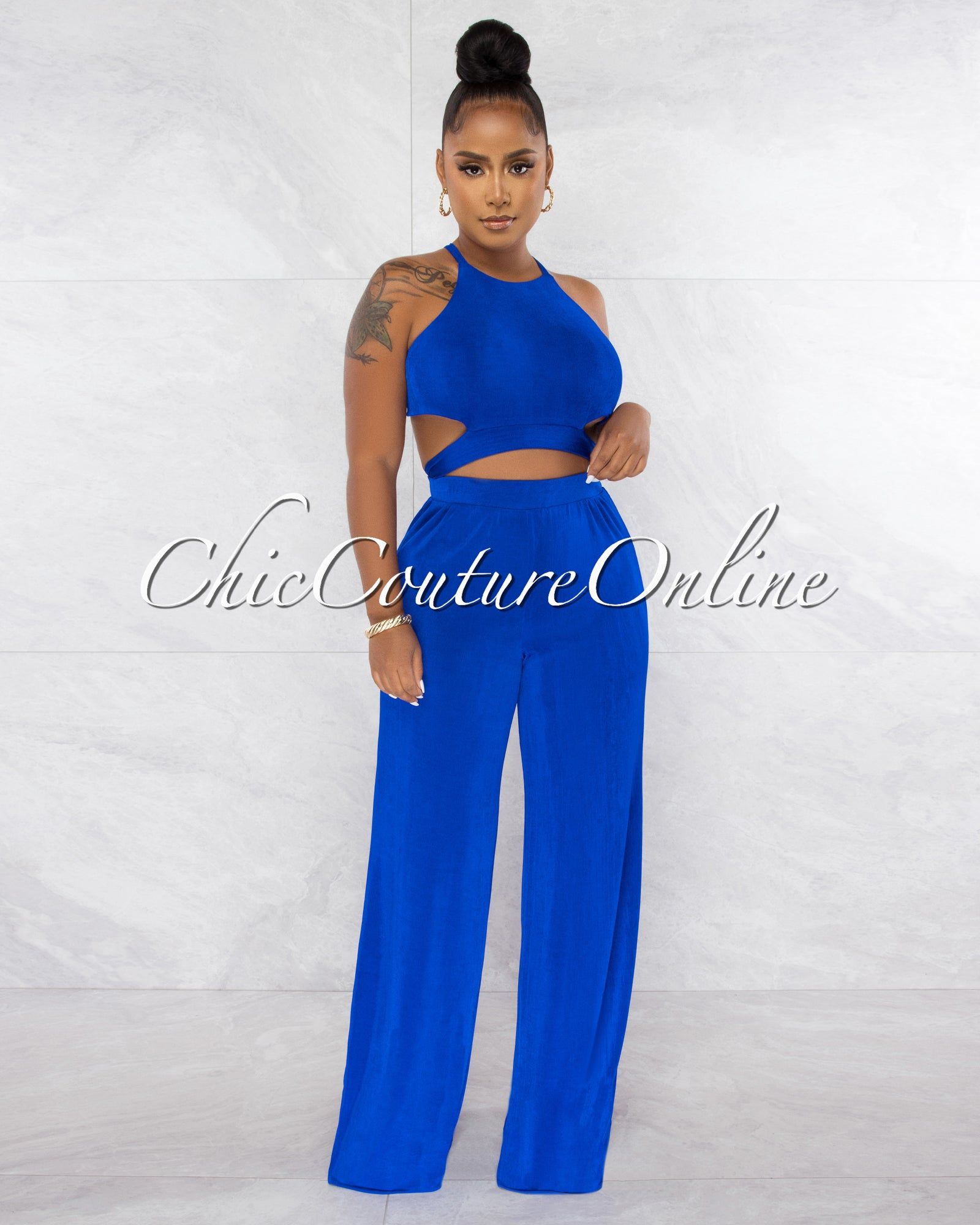 Ramona Royal Blue Multi-Way Tie Crop Top & Wide Pants Set sold by chic product image thumbnail 2