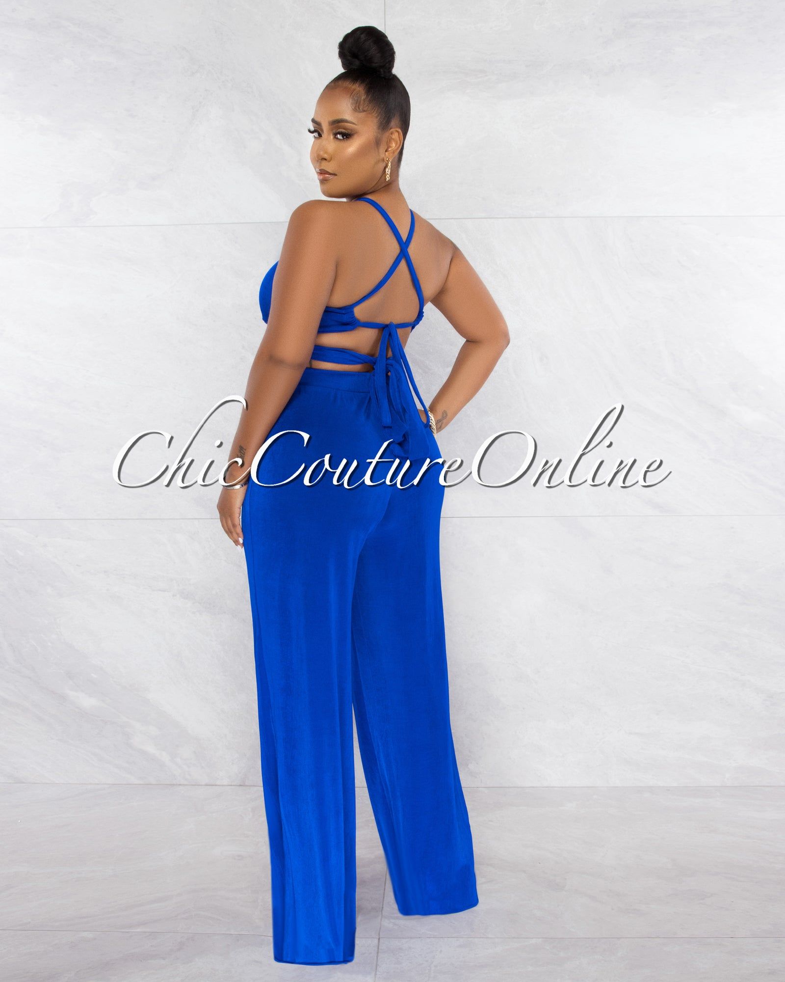 Ramona Royal Blue Multi-Way Tie Crop Top & Wide Pants Set sold by chic product image thumbnail 3