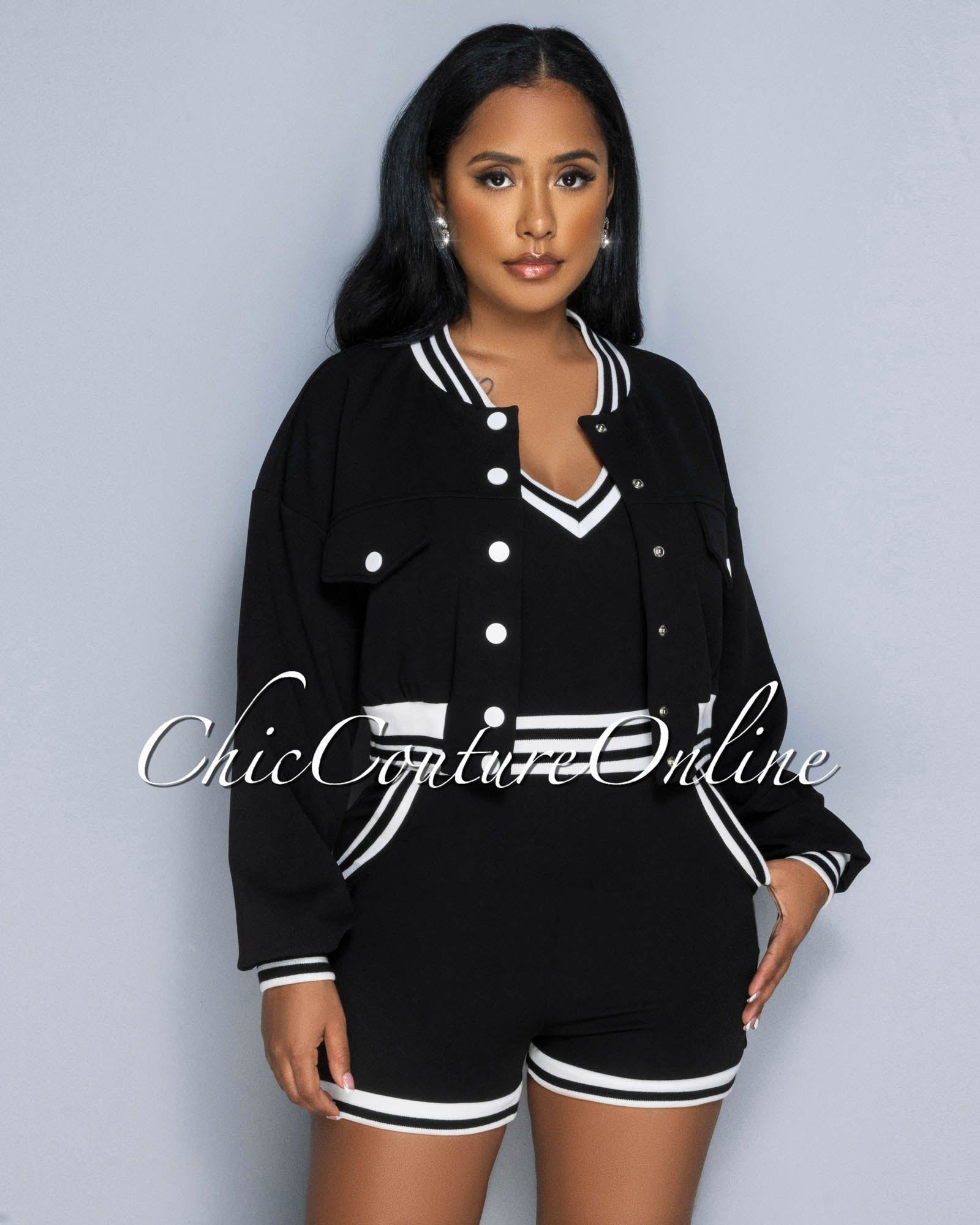 German Black White Trim Romper w Bomber Jacket Set sold by Chic Couture product image thumbnail 3