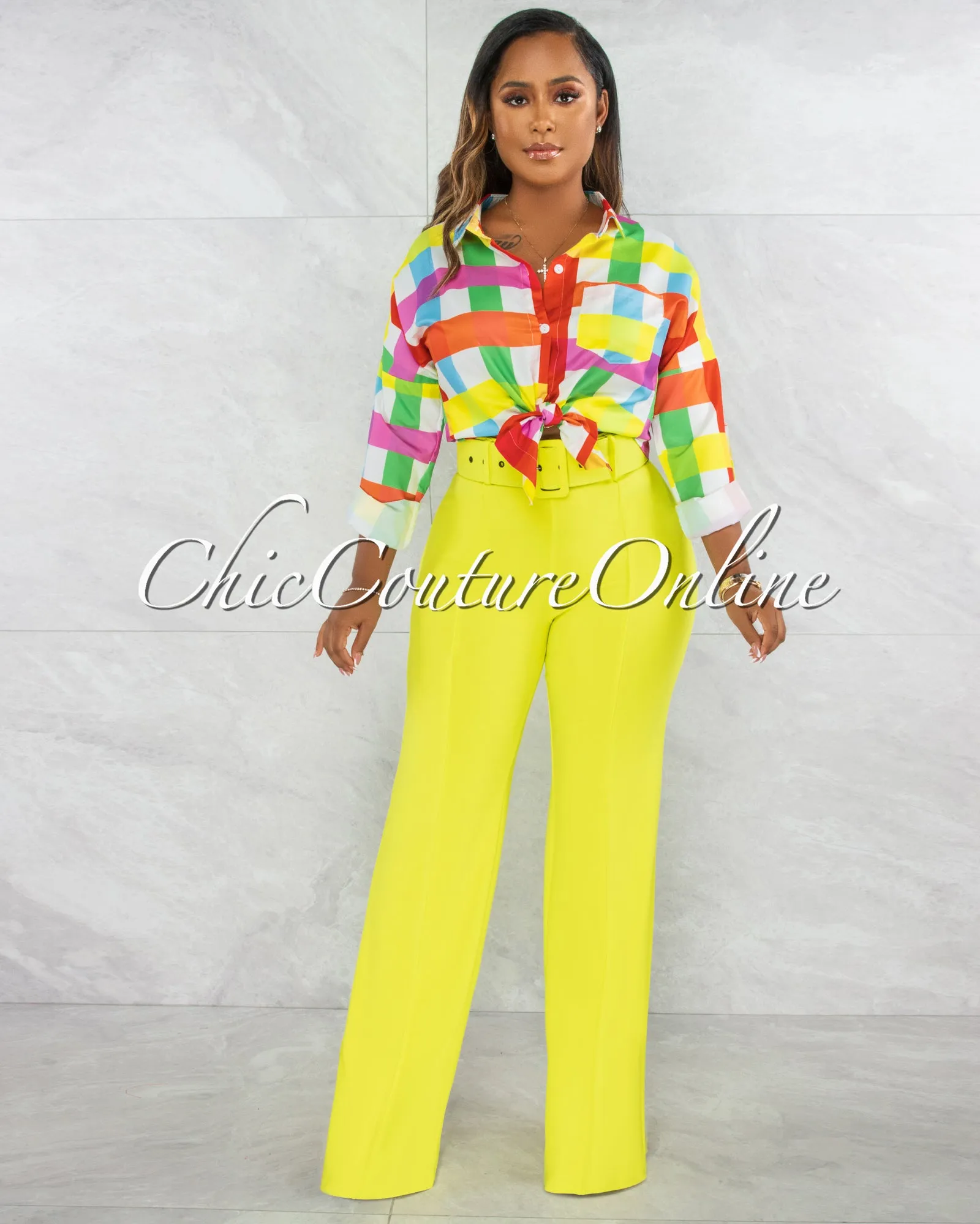 *Faina Lime Green Belt High Waist Palazzo Pants sold by Chic Couture