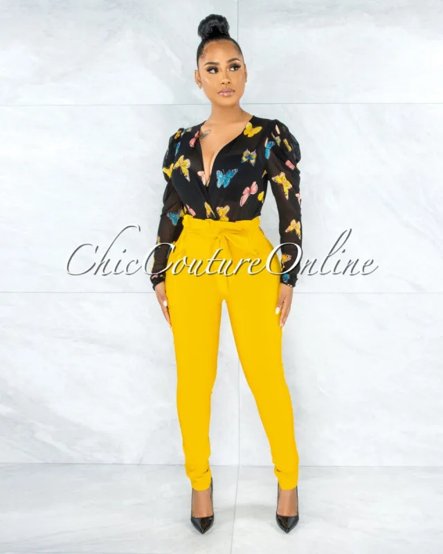 Raeanne Mango Pleated Paper Bag Tie Belt Pants sold by chic
