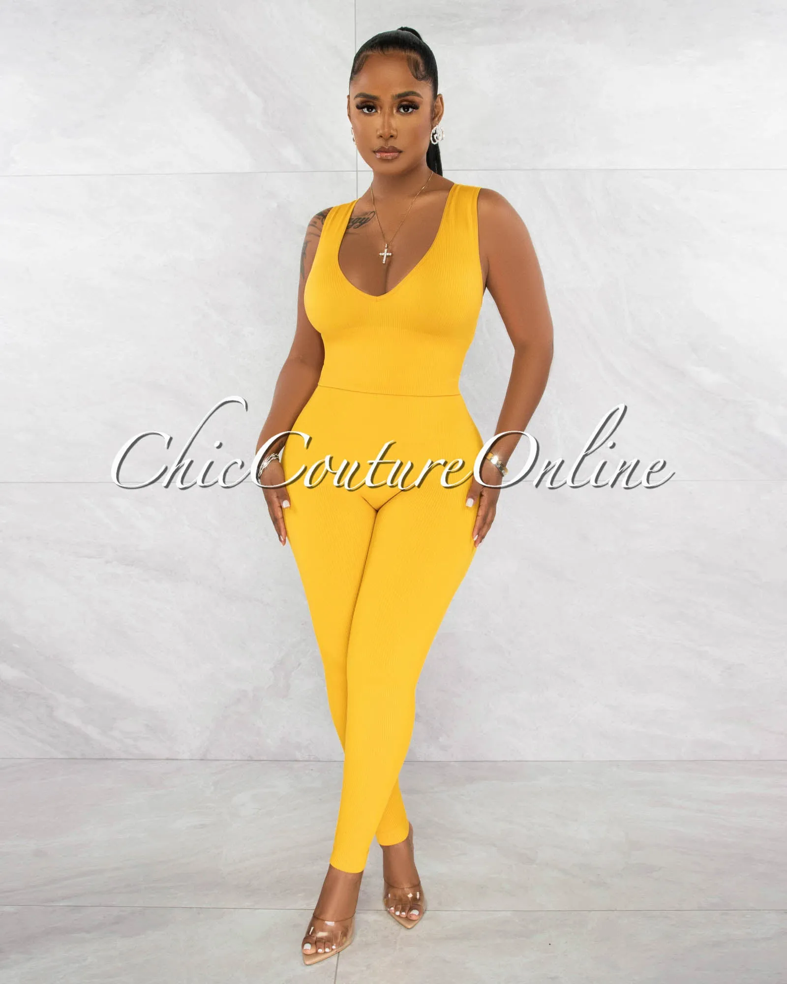 Leonette Mustard Ribbed SCULPTING Crop Top & Leggings Set sold by Chic Couture product image thumbnail 2