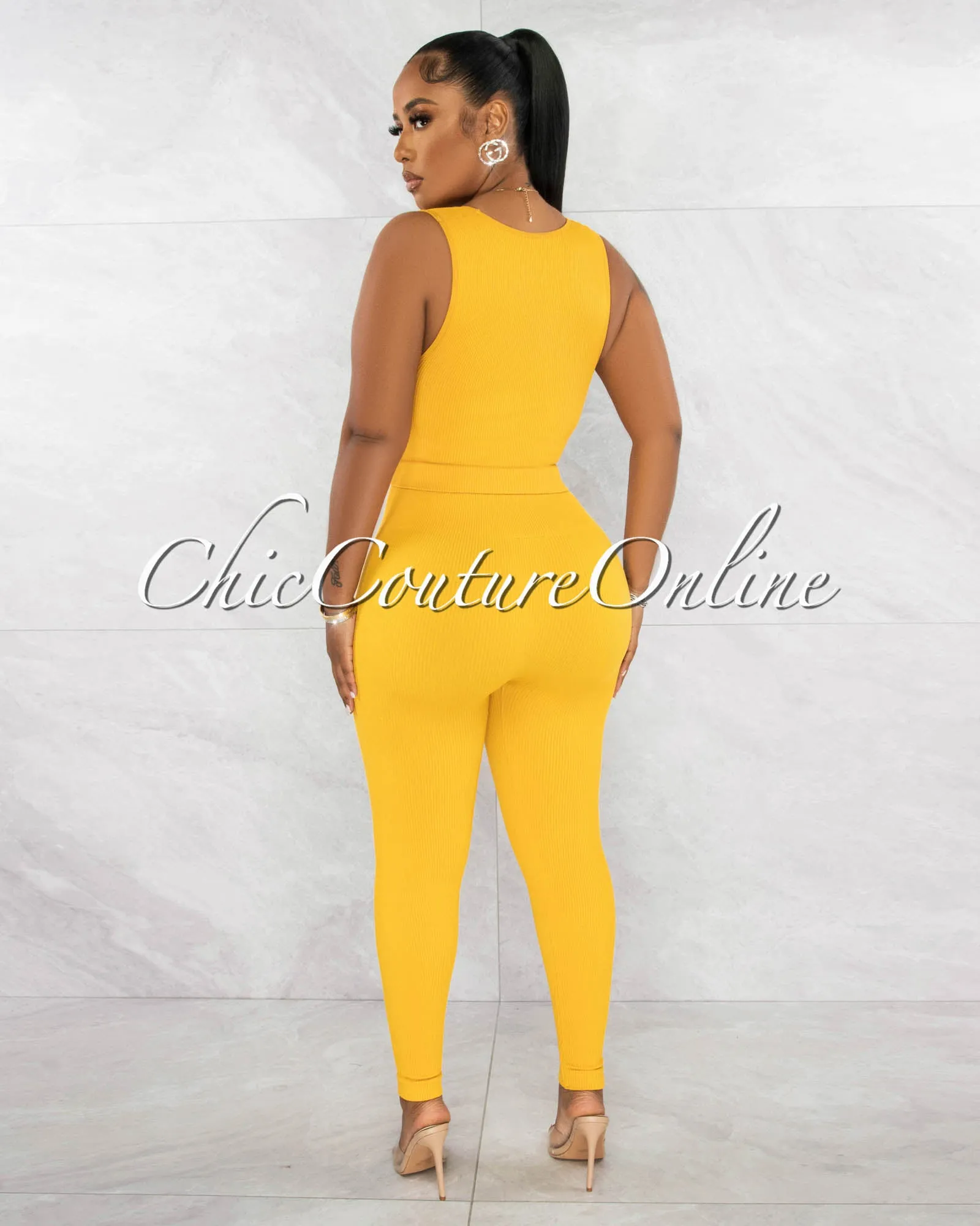 Leonette Mustard Ribbed SCULPTING Crop Top & Leggings Set sold by Chic Couture product image thumbnail 3