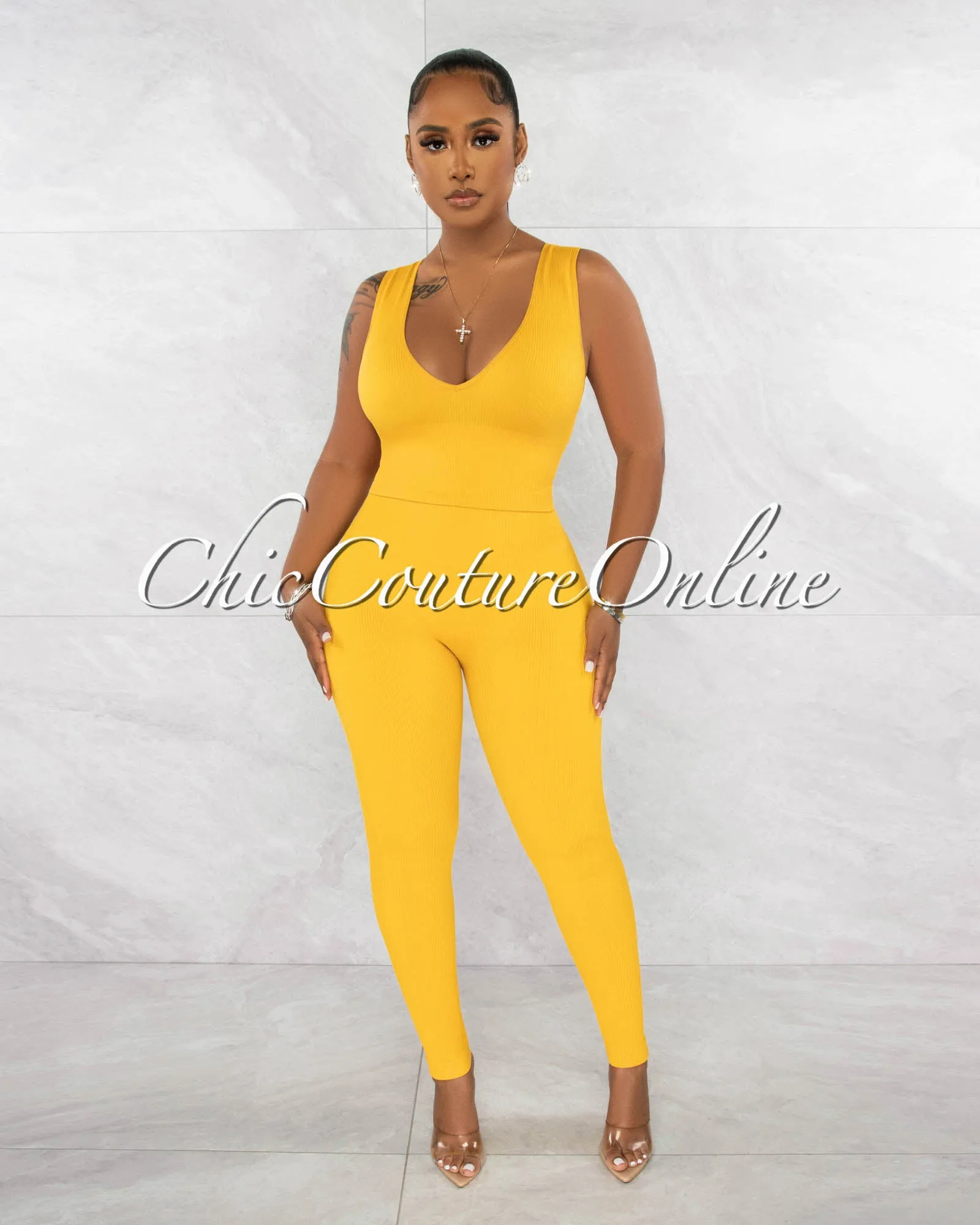 Leonette Mustard Ribbed SCULPTING Crop Top & Leggings Set sold by Chic Couture