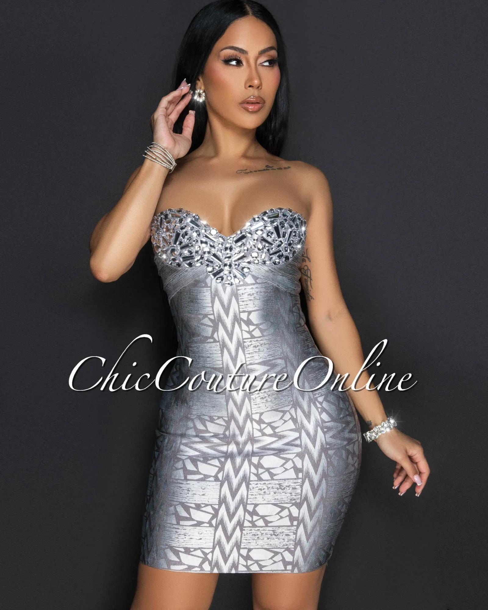 Lumini Silver Metallic Rhinestones Bandage Mini Dress sold by Chic Couture product image thumbnail 3