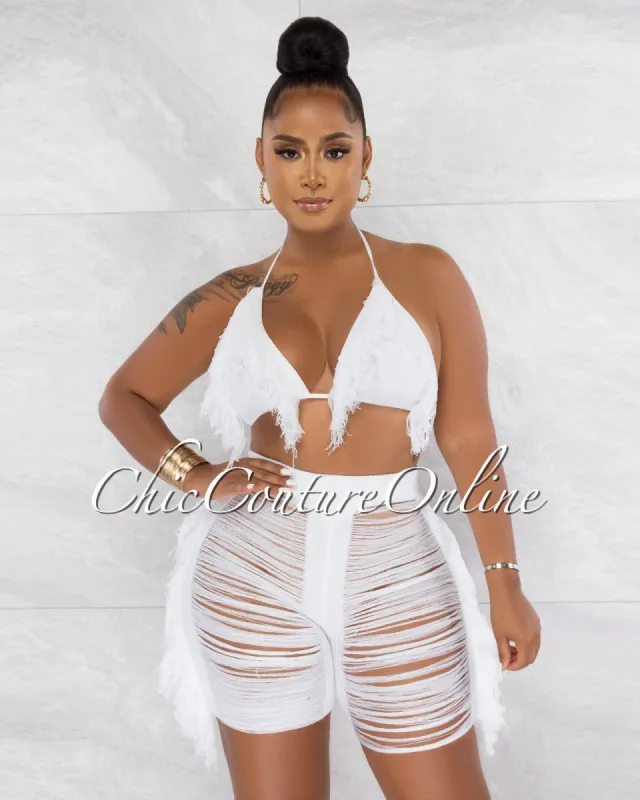 Columbia White Crochet Fringe Cover-Up Shorts Set sold by Chic Couture