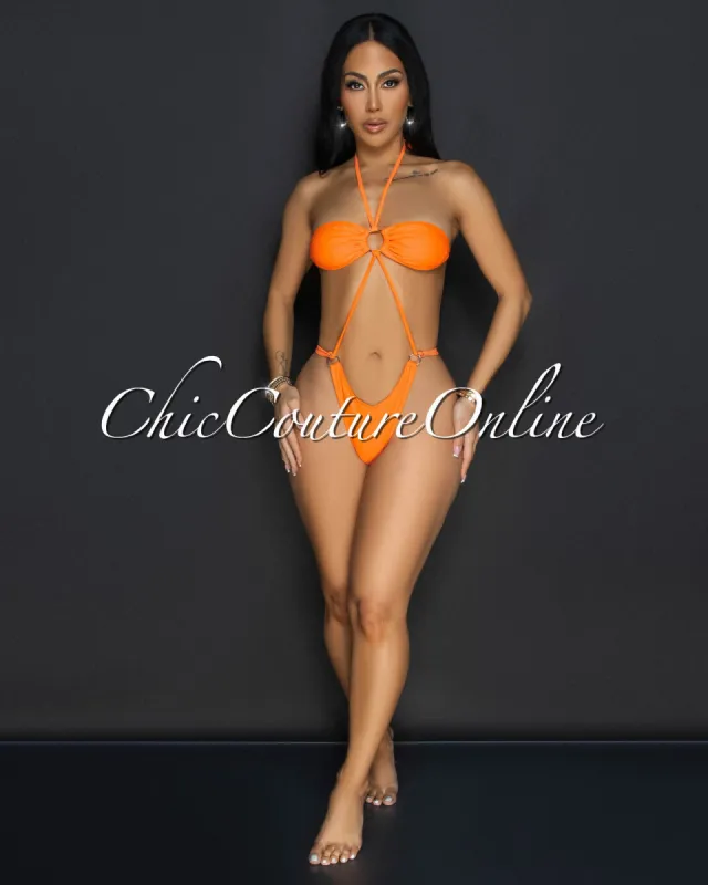 *Soukena Orange One Piece Halter Swimsuit sold by Chic Couture