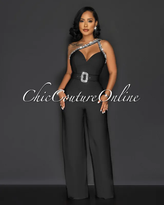 Montse Black Rhinestones Neckline Silver Buckle Belt Jumpsuit sold by Chic Couture