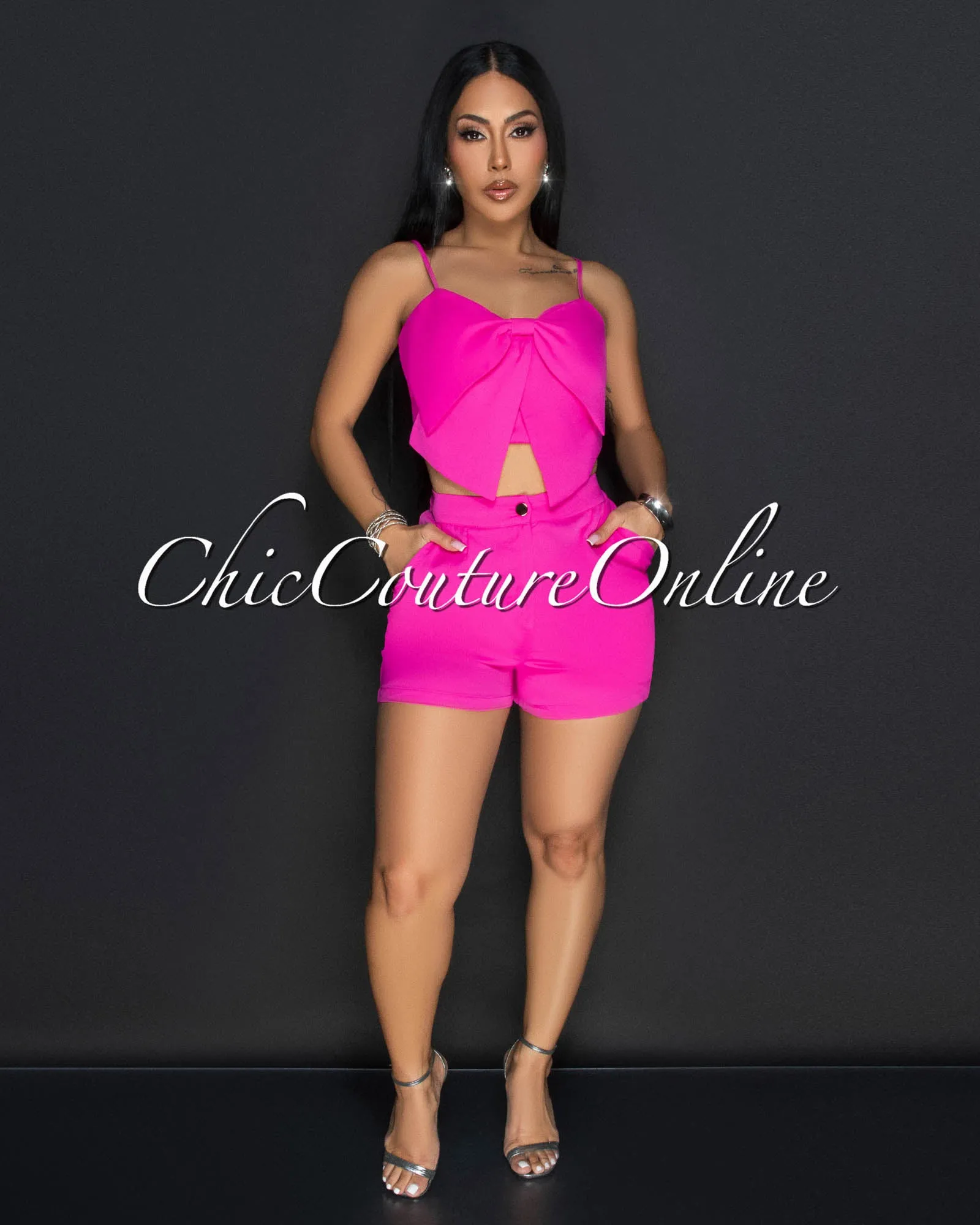 Pluma Fuchsia Flower Spaghetti Strap Crop Top & Shorts Set sold by Chic Couture