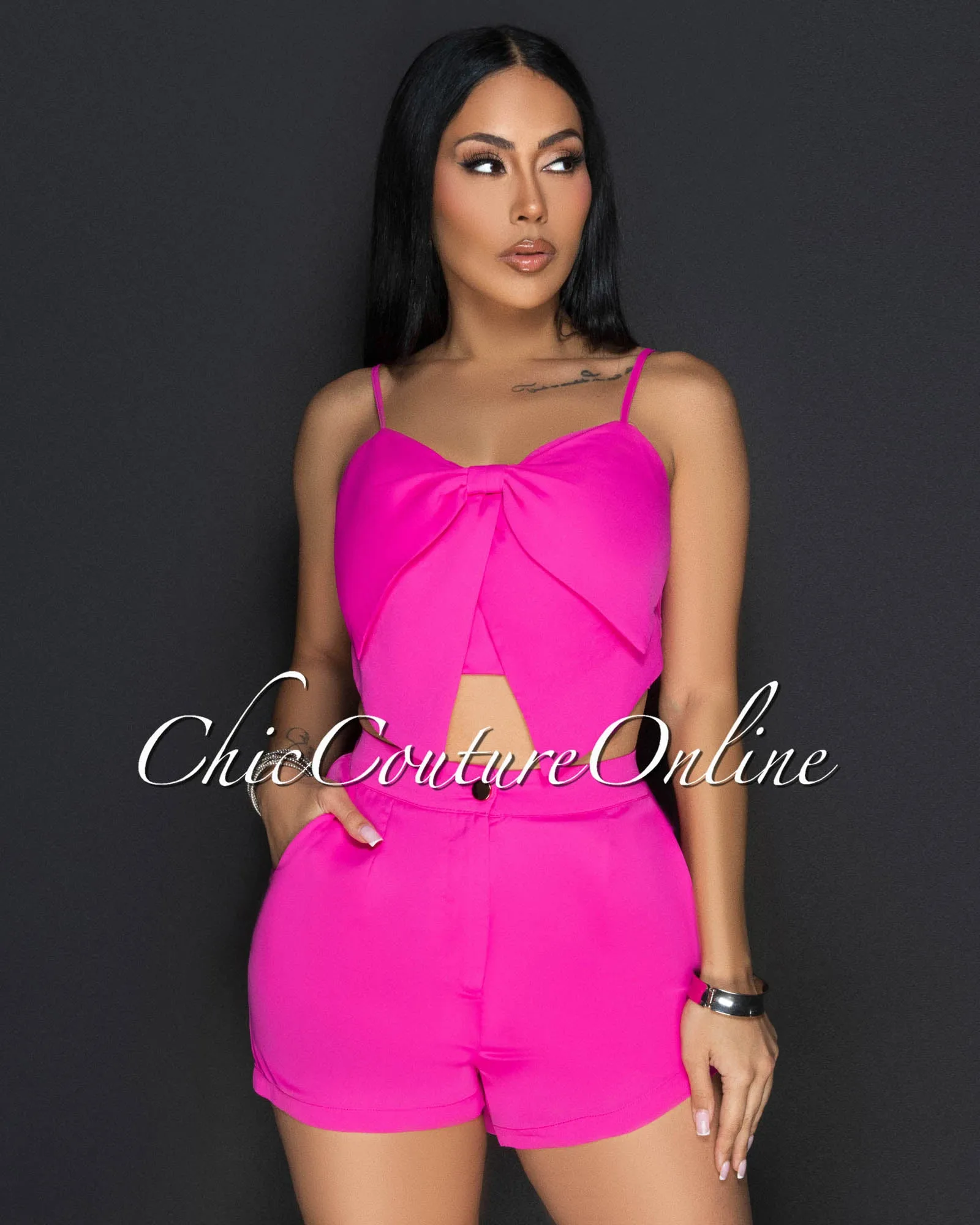 Pluma Fuchsia Flower Spaghetti Strap Crop Top & Shorts Set sold by Chic Couture product image thumbnail 2