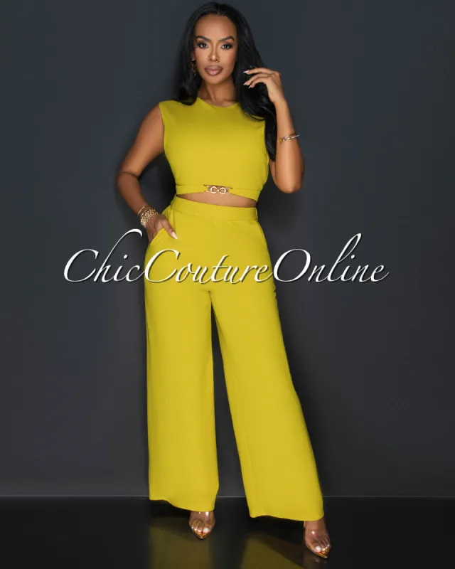 Kalia Mustard Gold Accent Crop Top & Wide Pants Set sold by Chic Couture