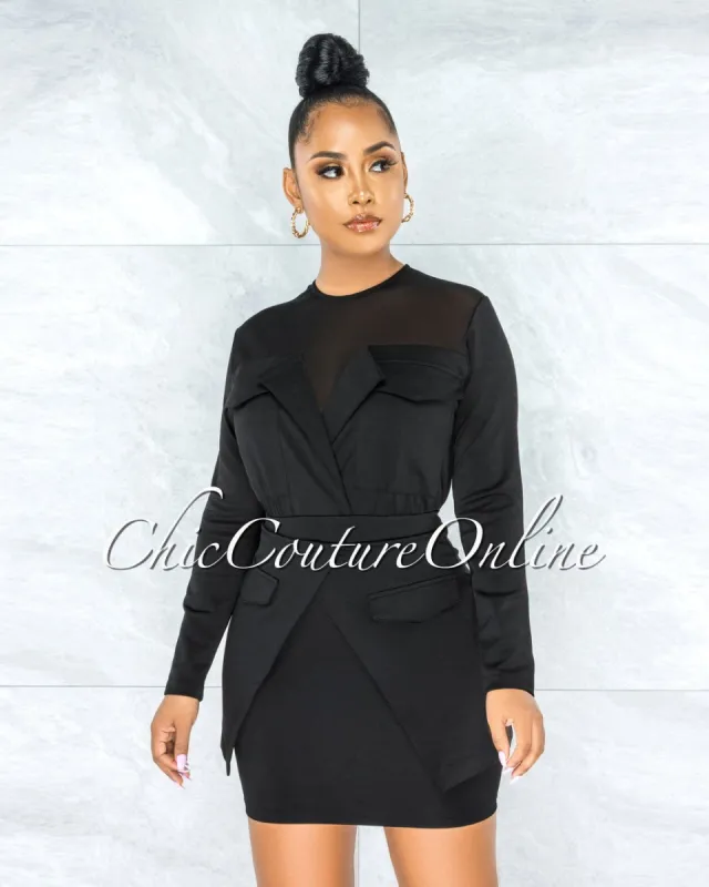 *October Black Mesh Neckline Trench Overlay Dress sold by chic