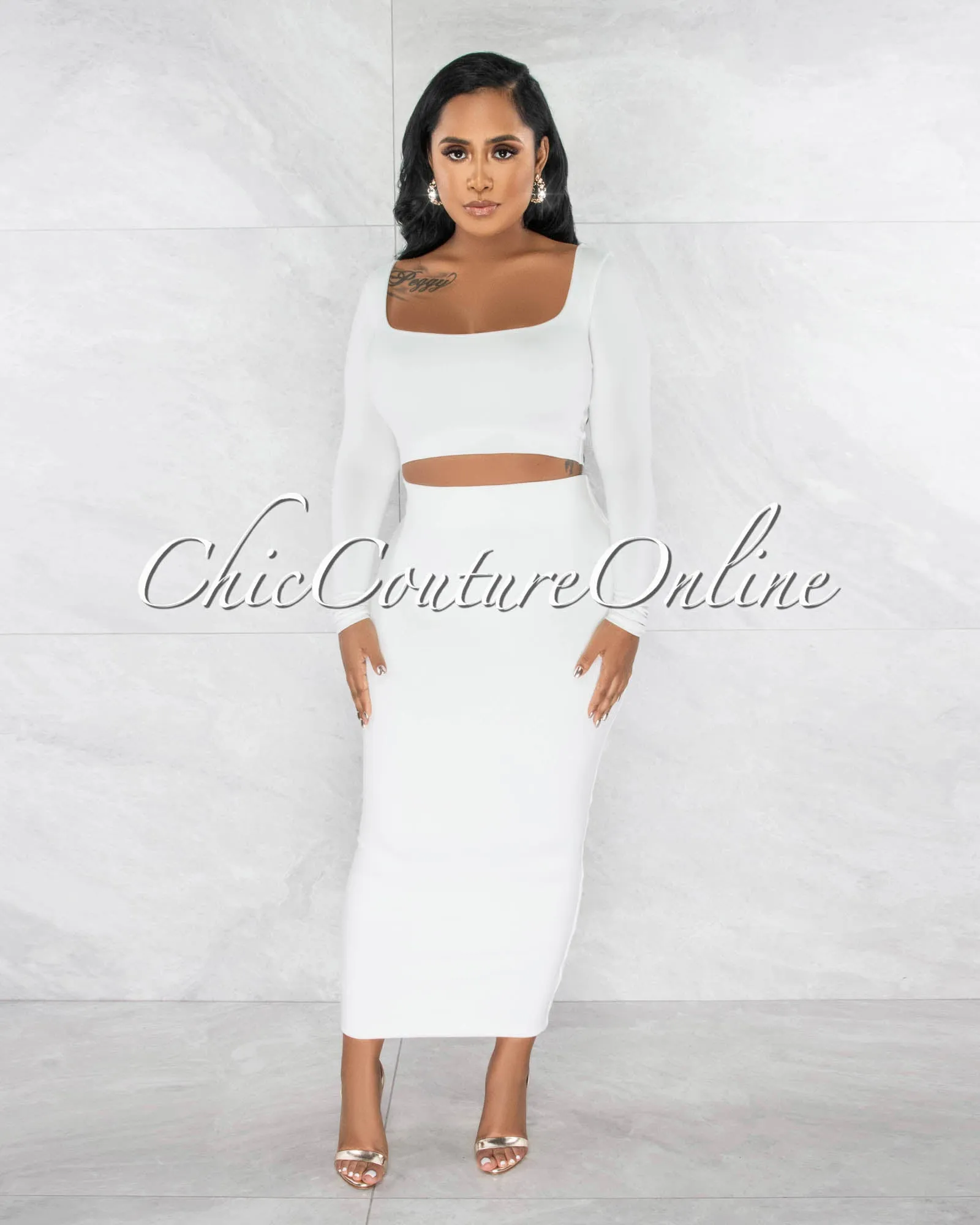 Tuccia Off-White Crop Top & Midi Skirt Double Lined Set sold by Chic Couture product image thumbnail 2