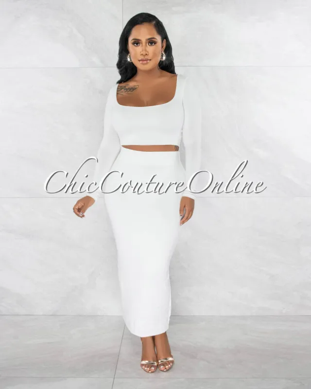 Tuccia Off-White Crop Top & Midi Skirt Double Lined Set sold by Chic Couture